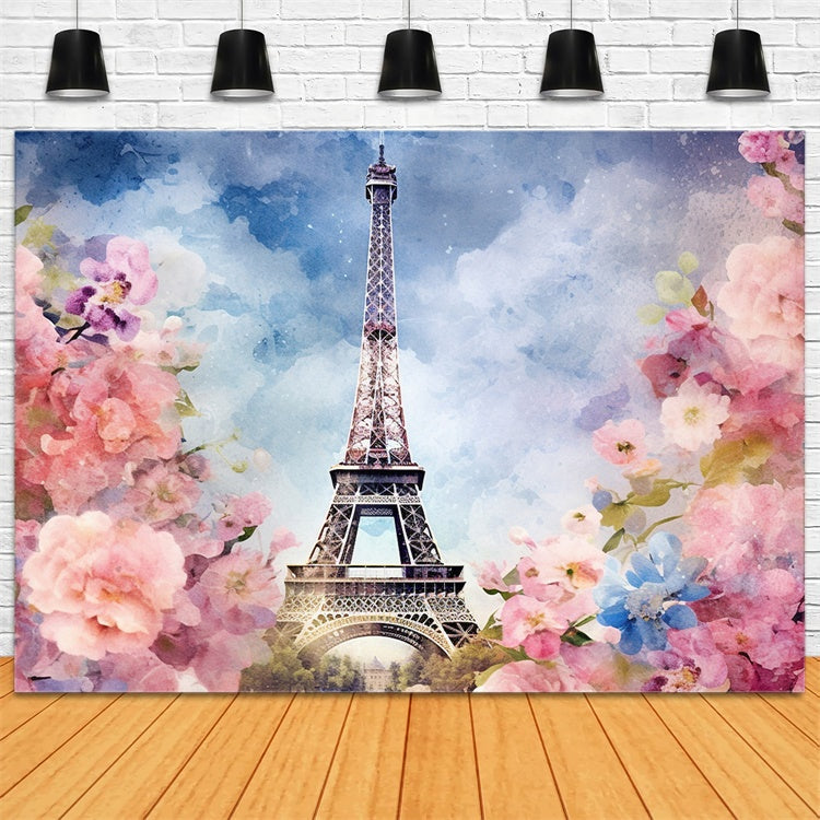 Paris Photo Backdrop Watercolor Eiffel Tower Floral Backdrop UK GQ4-42
