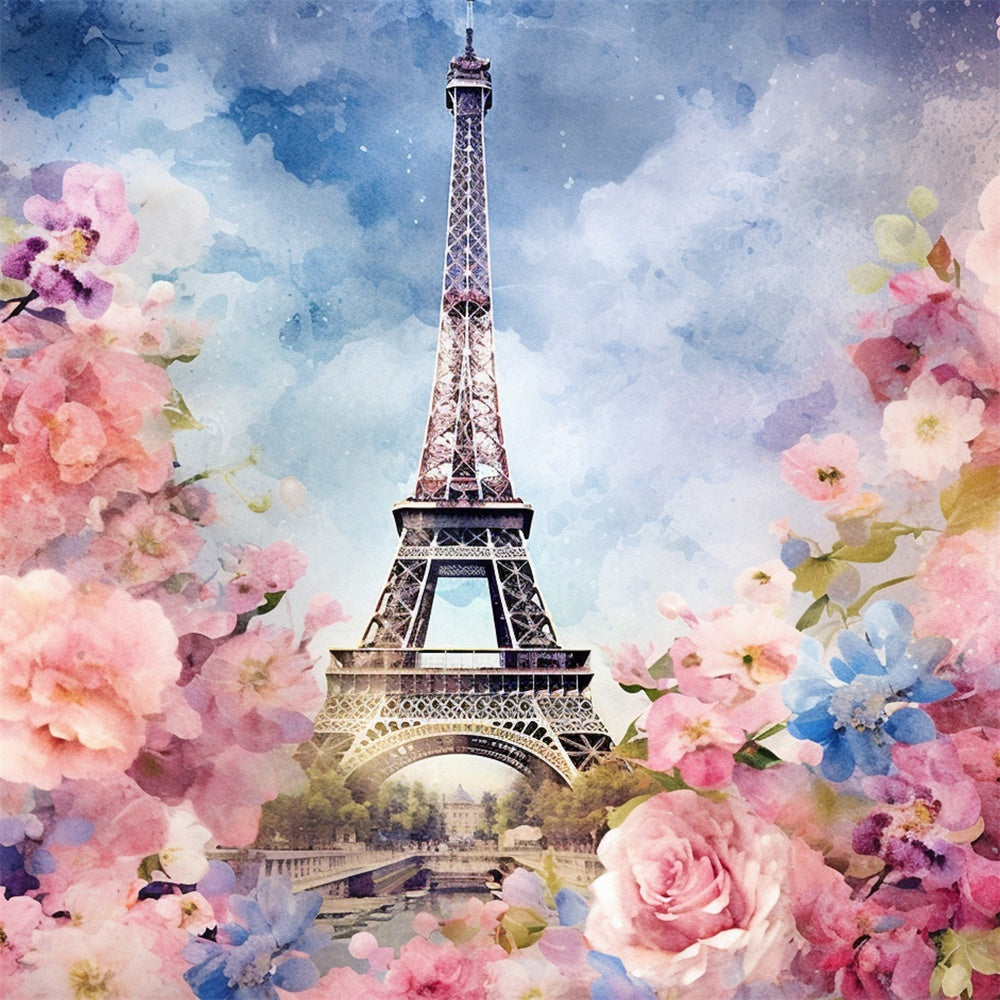 Paris Photo Backdrop Watercolor Eiffel Tower Floral Backdrop UK GQ4-42