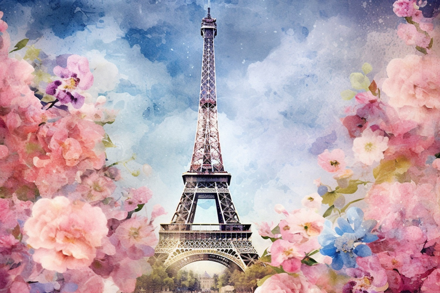 Paris Photo Backdrop Watercolor Eiffel Tower Floral Backdrop UK GQ4-42