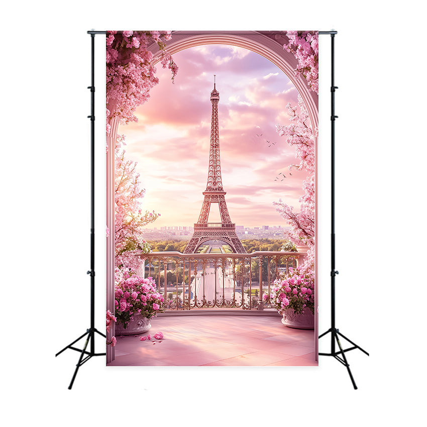 Paris Eiffel Tower Backdrop Pink Balcony Arch Floral Backdrop UK GQ4-52