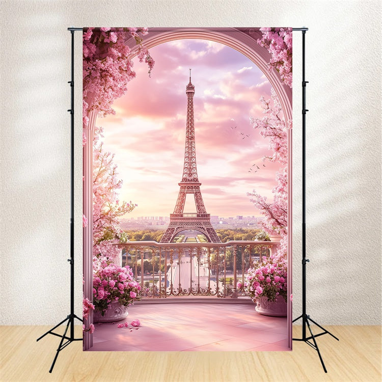 Paris Eiffel Tower Backdrop Pink Balcony Arch Floral Backdrop UK GQ4-52