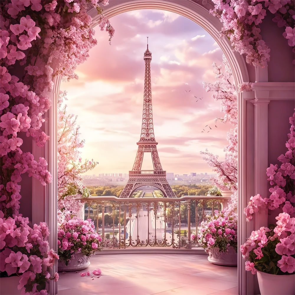 Paris Eiffel Tower Backdrop Pink Balcony Arch Floral Backdrop UK GQ4-52