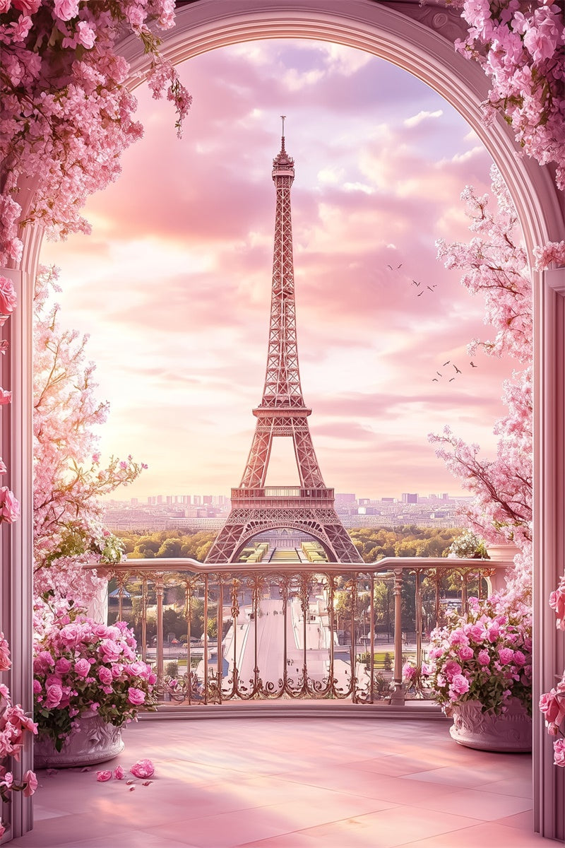 Paris Eiffel Tower Backdrop Pink Balcony Arch Floral Backdrop UK GQ4-52