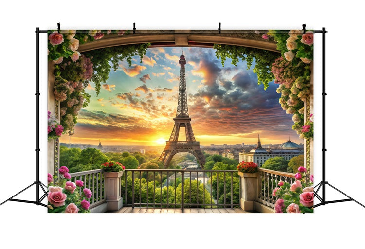 Eiffel Tower Paris Backdrop Floral Balcony Sunset View Backdrop UK GQ4-60