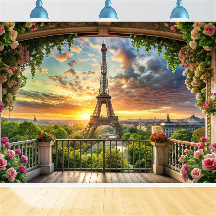 Eiffel Tower Paris Backdrop Floral Balcony Sunset View Backdrop UK GQ4-60