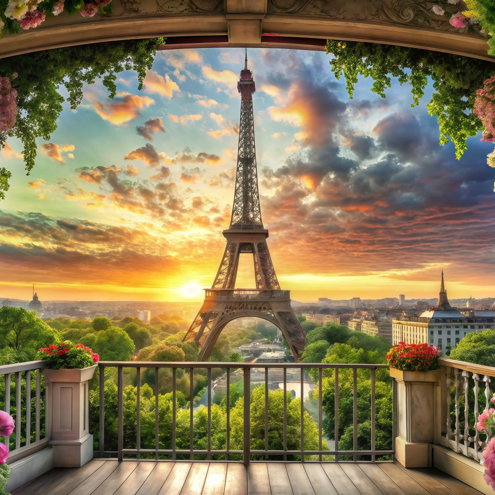 Eiffel Tower Paris Backdrop Floral Balcony Sunset View Backdrop UK GQ4-60