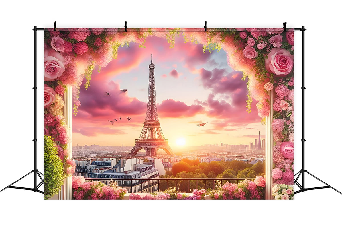 Paris Eiffel Tower Backdrop Pink Sky Flower Frame Backdrop UK GQ4-61