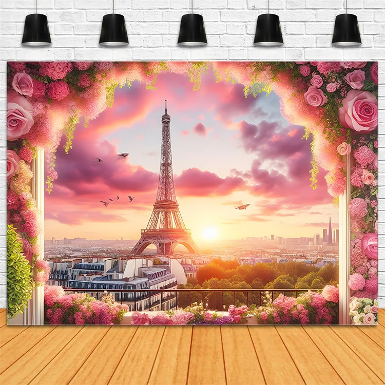 Paris Eiffel Tower Backdrop Pink Sky Flower Frame Backdrop UK GQ4-61