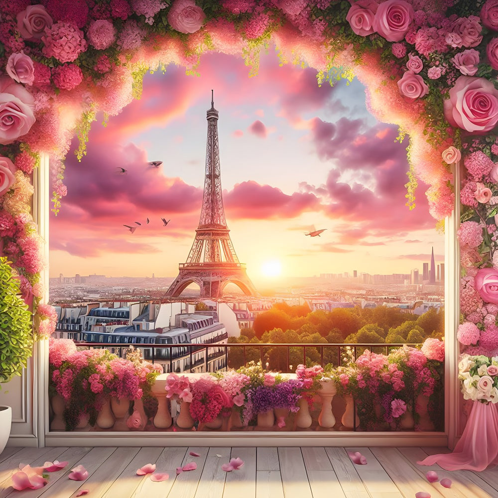 Paris Eiffel Tower Backdrop Pink Sky Flower Frame Backdrop UK GQ4-61