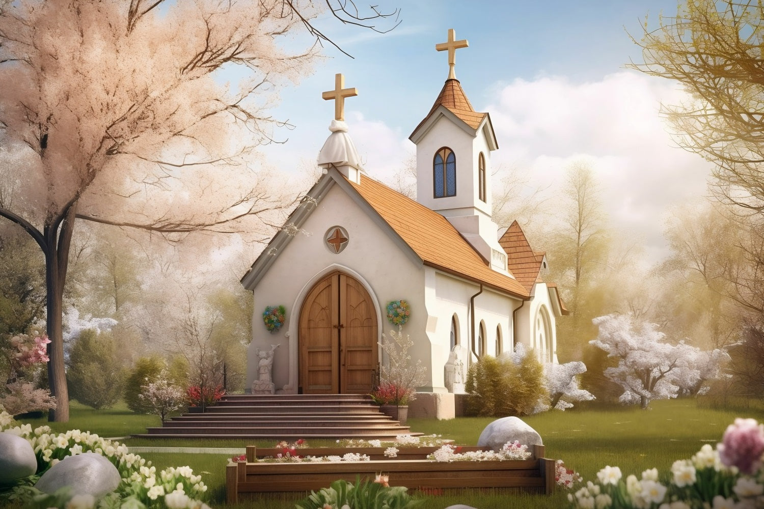 Church Backdrops Spring Garden Twin Tower Architecture Backdrop UK GQ4-71