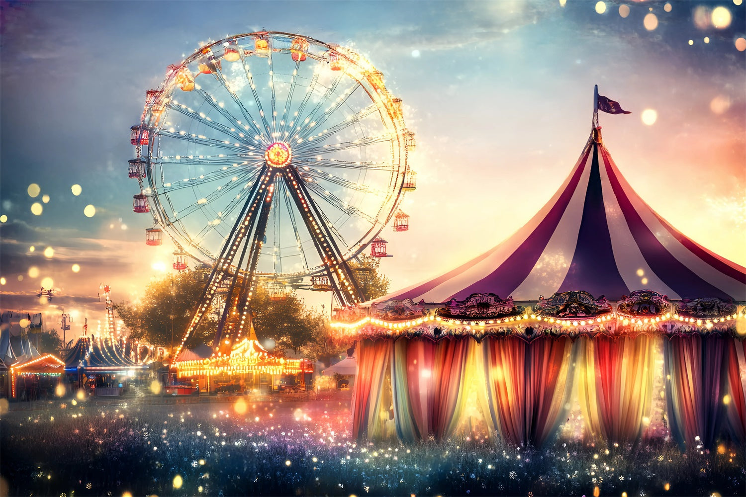 Carnival Theme Backdrop Ferris Wheel Sunset Lights Backdrop UK GQ5-111