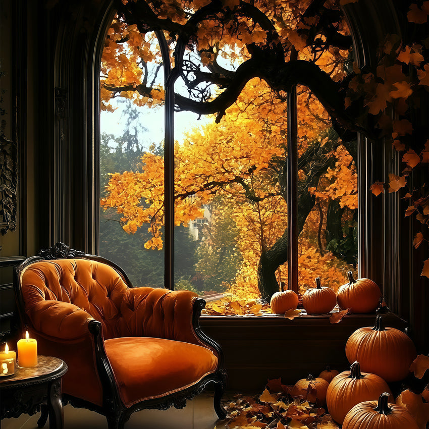 Fall Photo Backdrop Cozy Room Pumpkins Window Backdrop UK GQ5-87