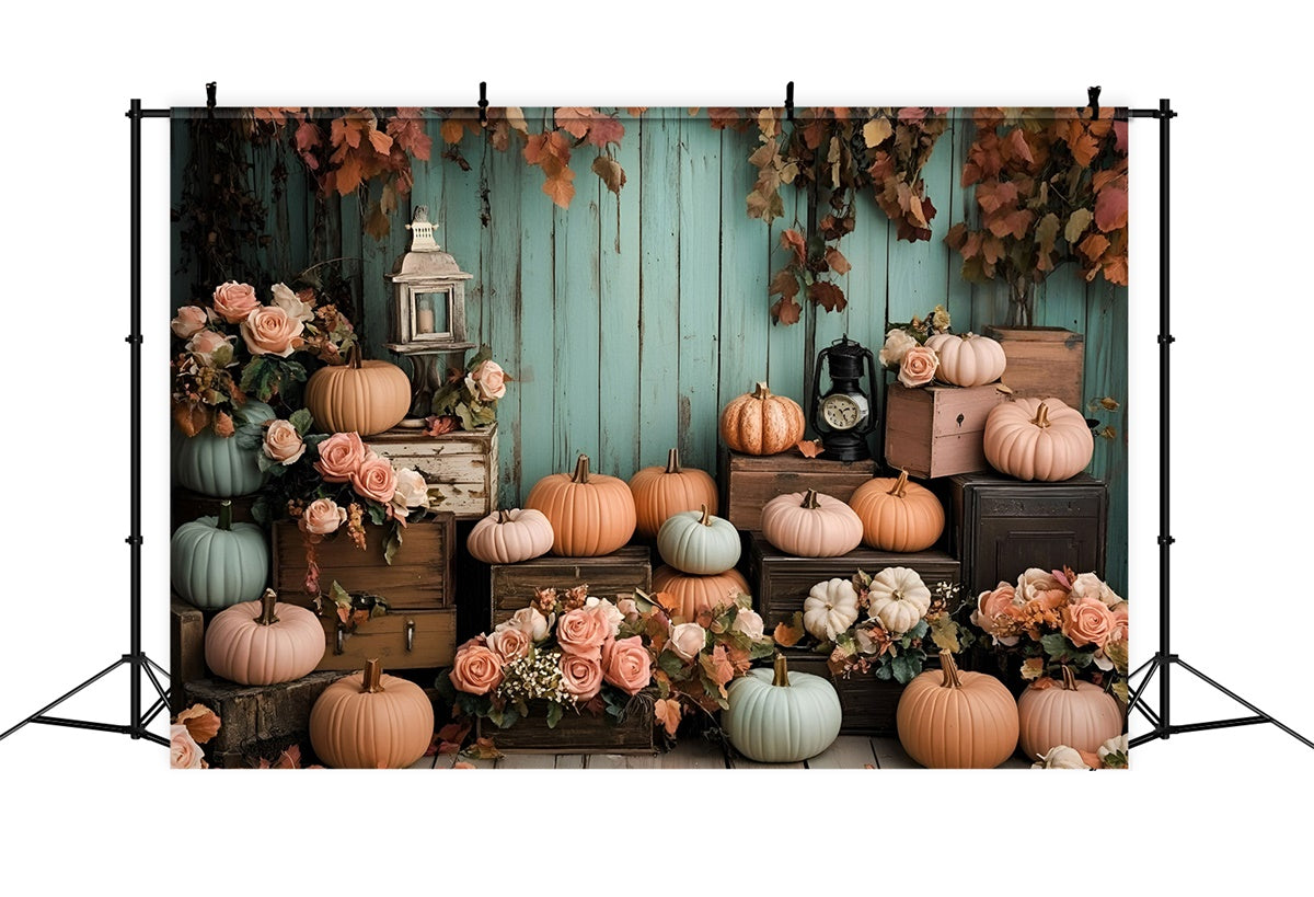 Autumn Photo Backdrop Mint Wood Wall Pumpkins Backdrop UK GQ5-89
