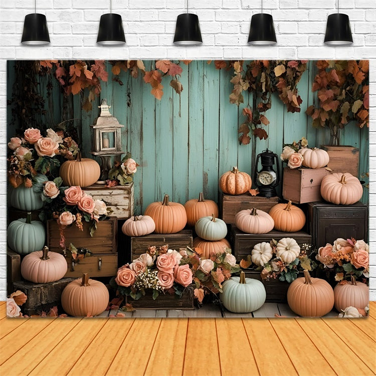 Autumn Photo Backdrop Mint Wood Wall Pumpkins Backdrop UK GQ5-89