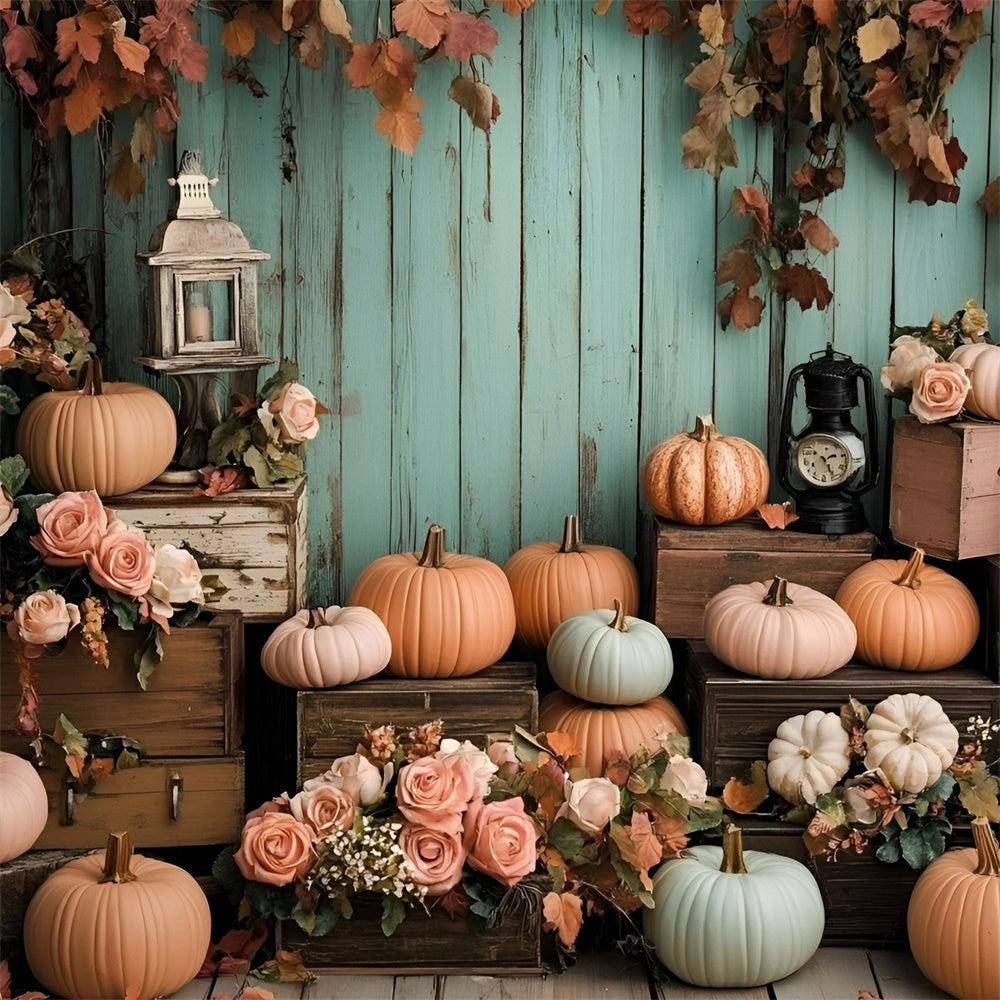 Autumn Photo Backdrop Mint Wood Wall Pumpkins Backdrop UK GQ5-89