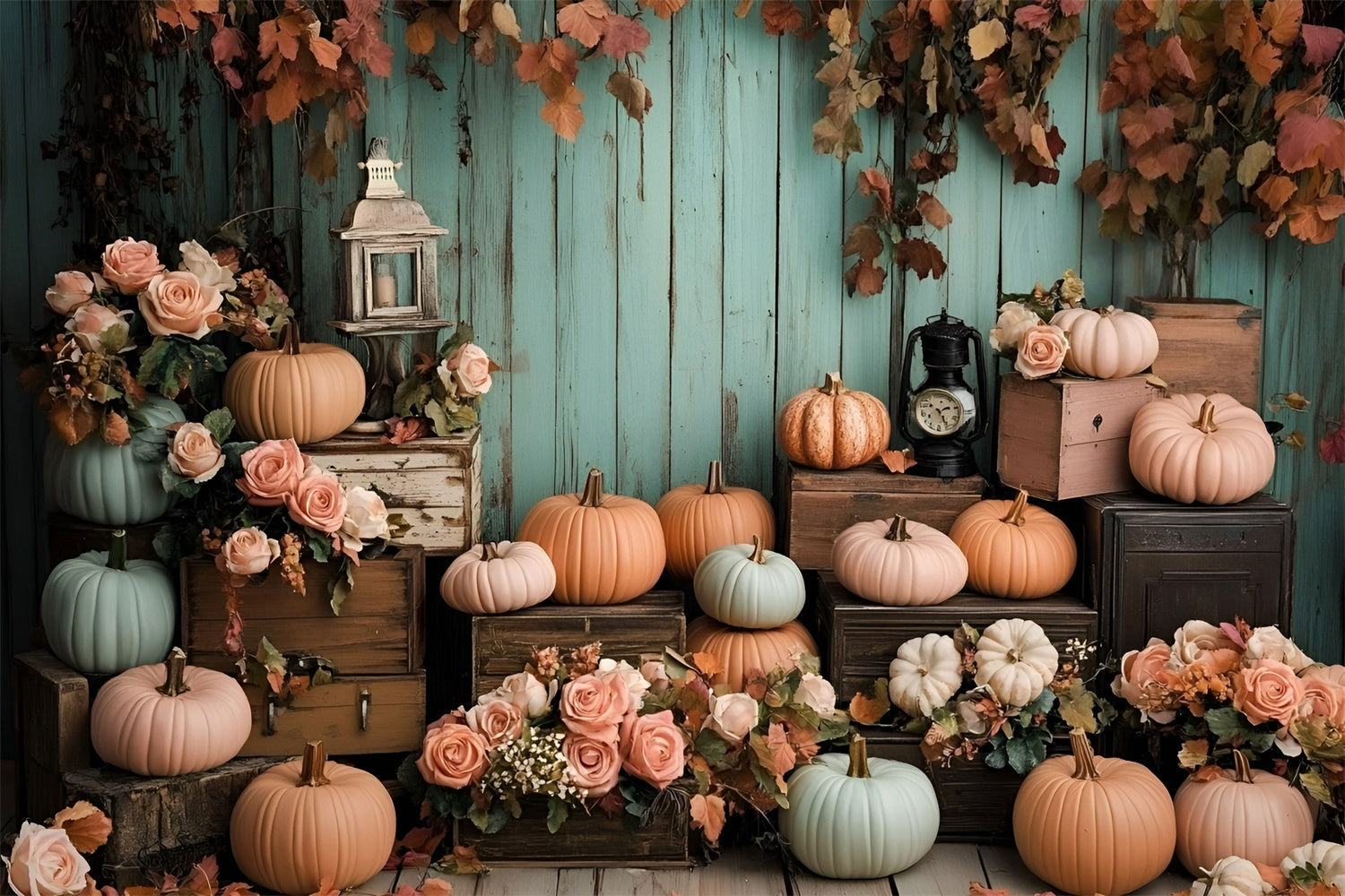 Autumn Photo Backdrop Mint Wood Wall Pumpkins Backdrop UK GQ5-89