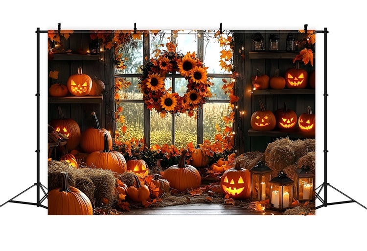 Fall Backdrop Halloween Pumpkins Sunflower Wreath Backdrop UK GQ5-91