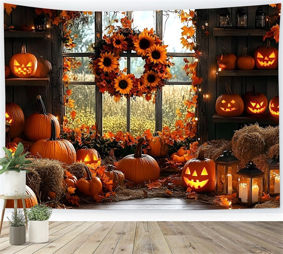 Fall Backdrop Halloween Pumpkins Sunflower Wreath Backdrop UK GQ5-91
