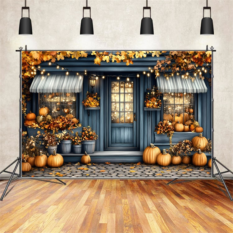 Autumn Backdrops Blue Cottage Porch Pumpkins Backdrop UK GQ5-92