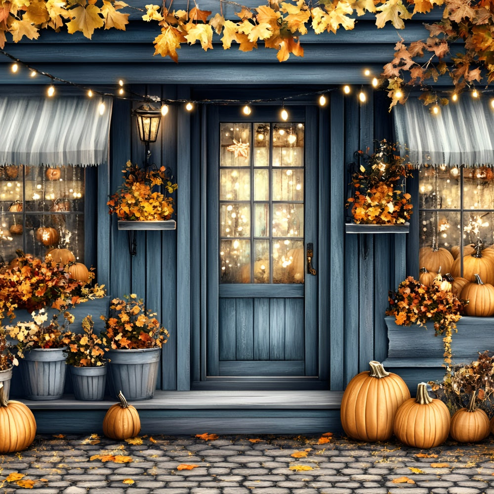Autumn Backdrops Blue Cottage Porch Pumpkins Backdrop UK GQ5-92