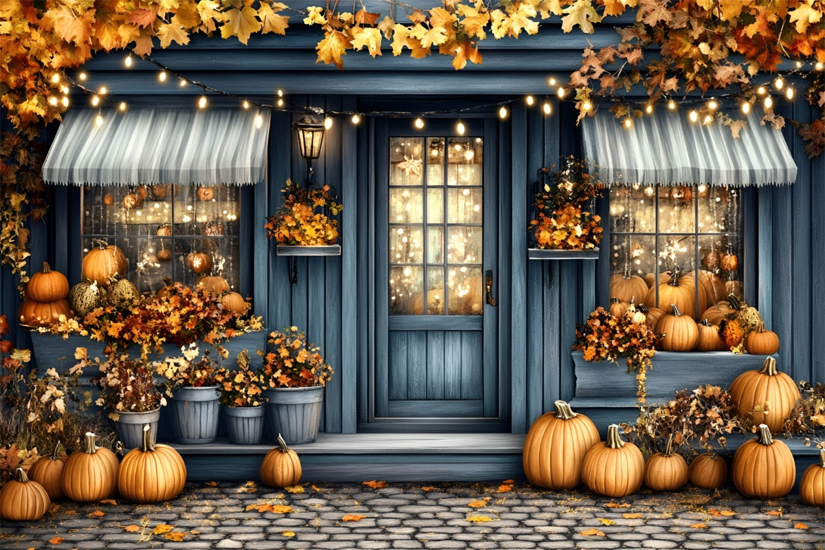 Autumn Backdrops Blue Cottage Porch Pumpkins Backdrop UK GQ5-92