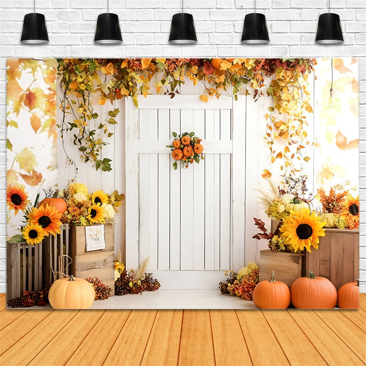 Fall Backdrop White Door Sunflowers Pumpkins Backdrop UK GQ5-95