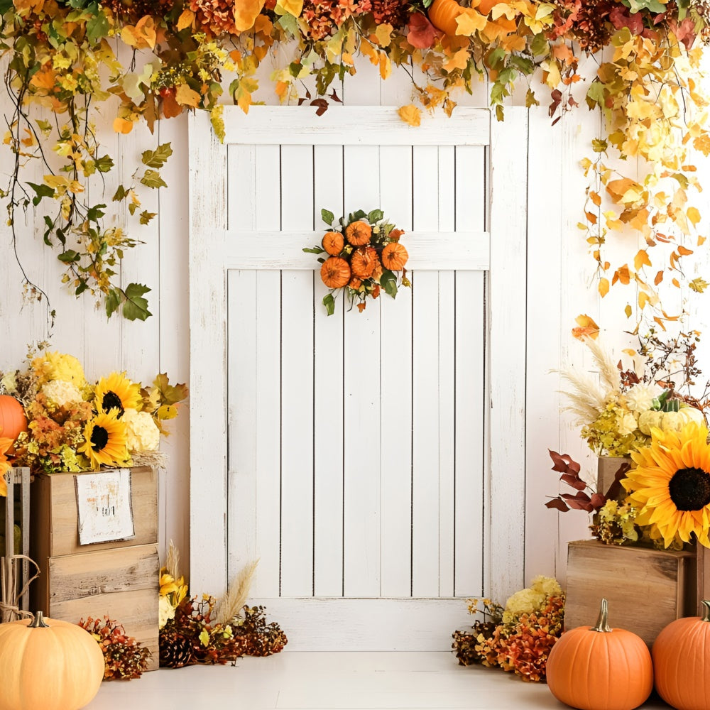 Fall Backdrop White Door Sunflowers Pumpkins Backdrop UK GQ5-95
