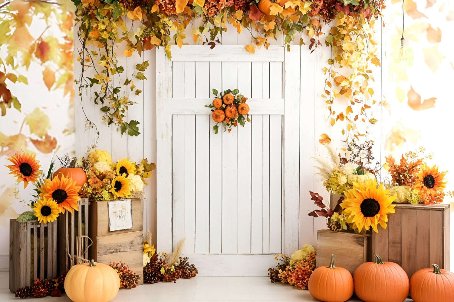 Fall Backdrop White Door Sunflowers Pumpkins Backdrop UK GQ5-95