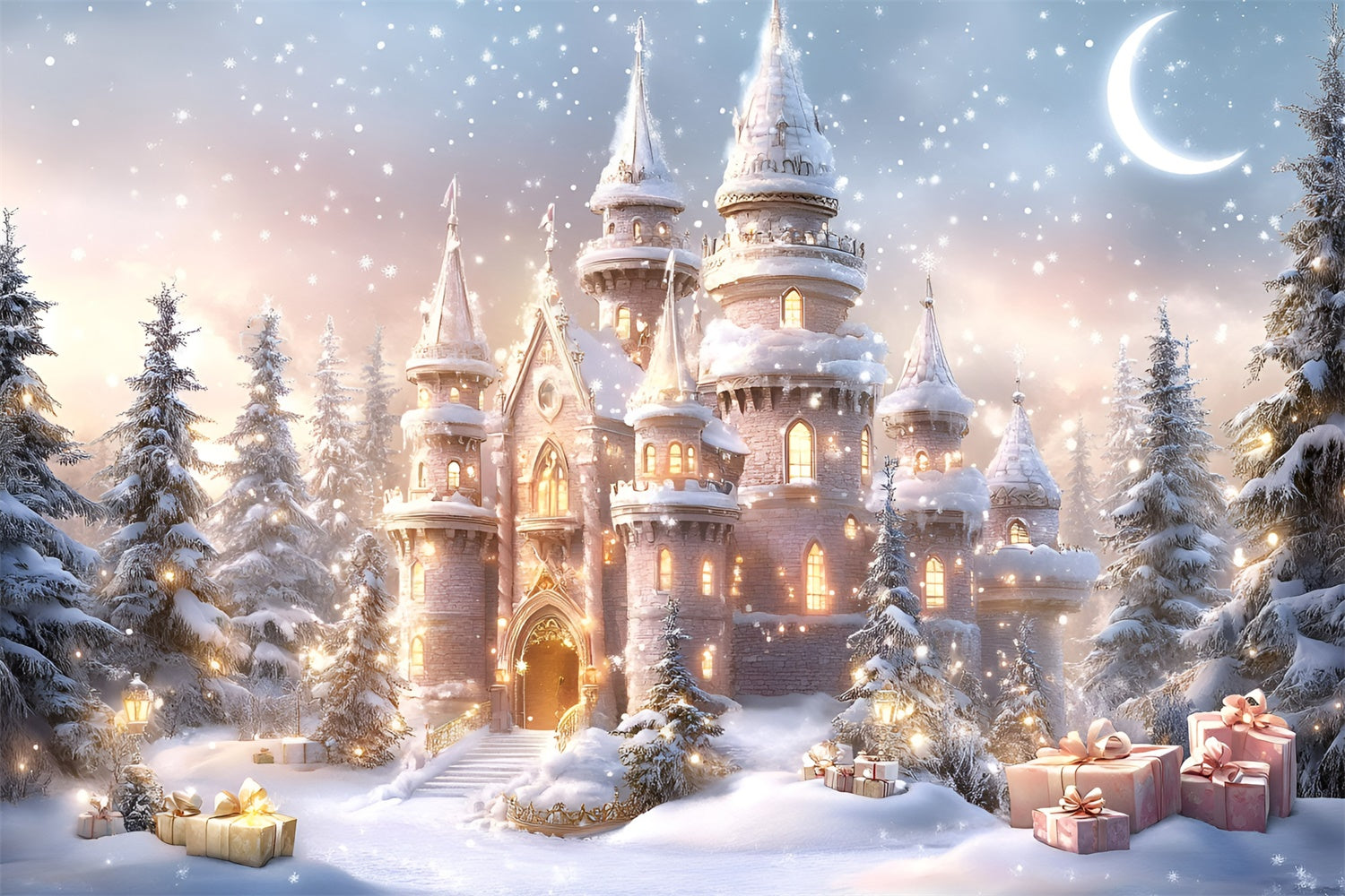 Christmas Backdrop For Photos Snowfall Gift Palace Backdrop UK GQ57-26