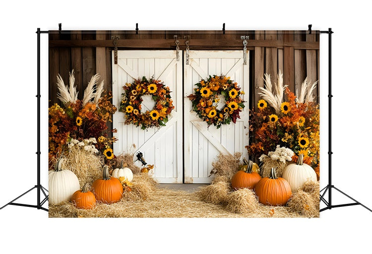Barn Door Backdrop Pumpkin Hay Wreath Fall Backdrop UK GQ57-95