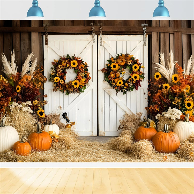 Barn Door Backdrop Pumpkin Hay Wreath Fall Backdrop UK GQ57-95