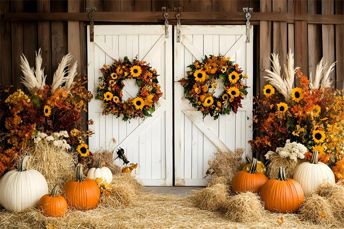 Barn Door Backdrop Pumpkin Hay Wreath Fall Backdrop UK GQ57-95