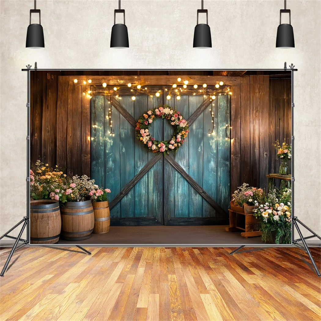Western Backdrop Teal Barn Door Floral Wreath Vintage Photo Backdrops UK GQ58-118