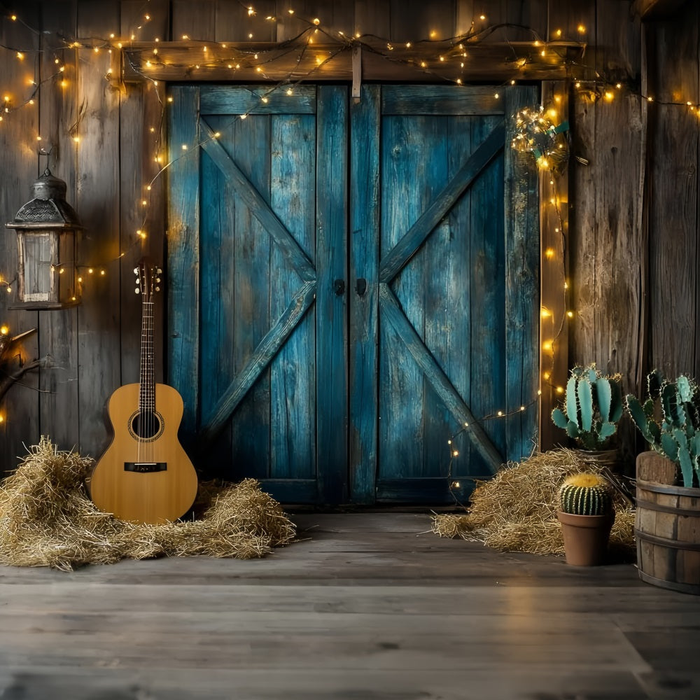 Western Backdrop Rustic Blue Barn Doors Guitar Cactus Vintage Photography Backdrops UK GQ58-119