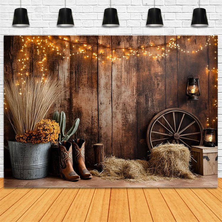 Western Backdrop Western Cowboy Boots Cactus Hay Bales Backdrop Vintage UK GQ58-120
