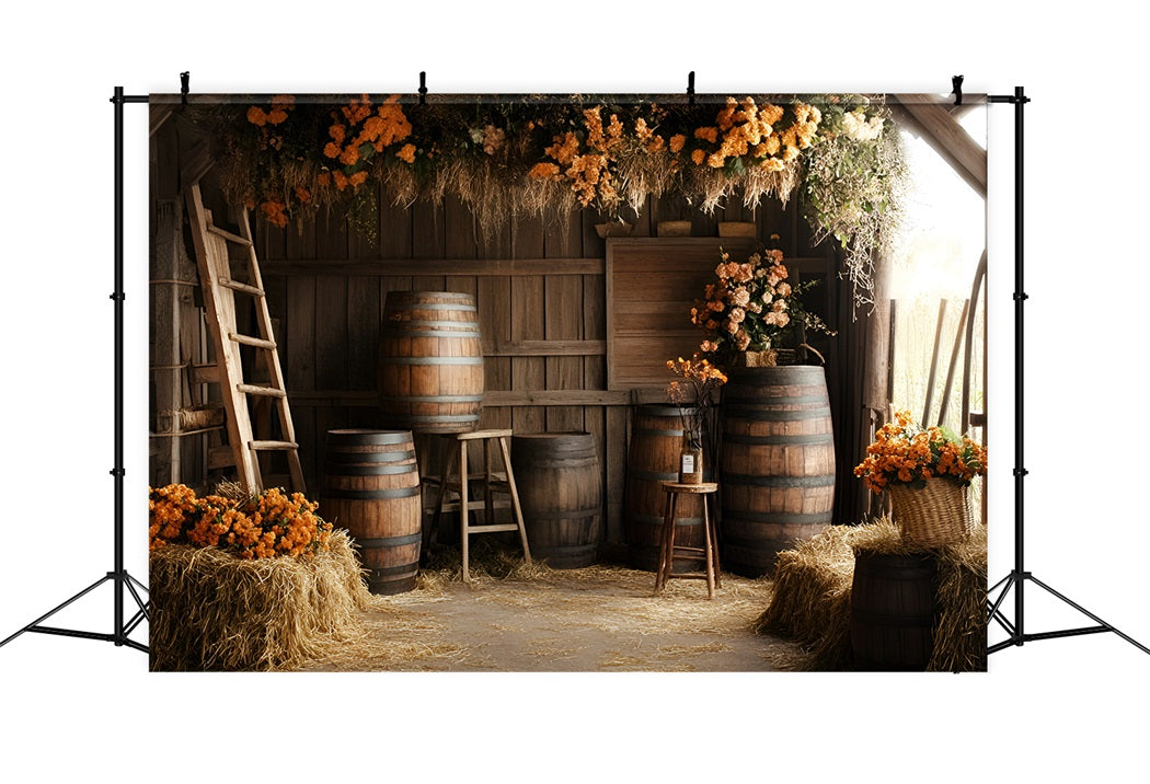 Rustic Backdrop Rustic Barn Barrels Orange Floral Arrangements Vintage Photography Background UK GQ58-122