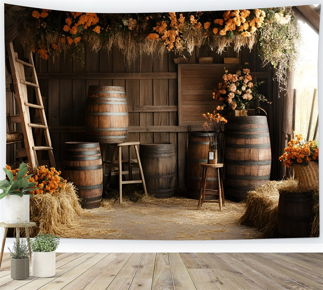 Rustic Backdrop Rustic Barn Barrels Orange Floral Arrangements Vintage Photography Background UK GQ58-122