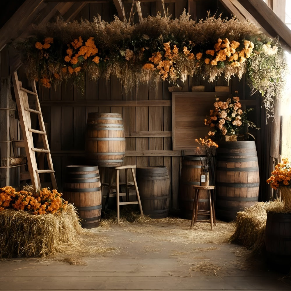 Rustic Backdrop Rustic Barn Barrels Orange Floral Arrangements Vintage Photography Background UK GQ58-122