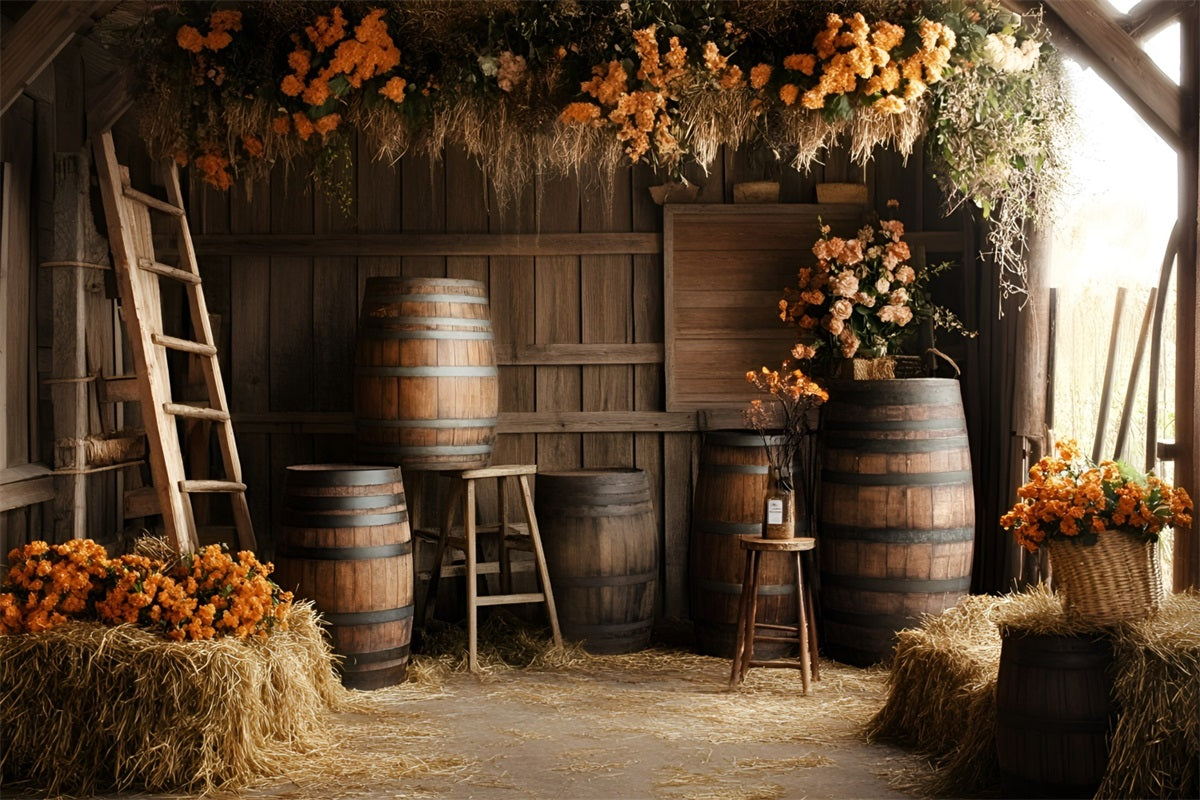 Rustic Backdrop Rustic Barn Barrels Orange Floral Arrangements Vintage Photography Background UK GQ58-122