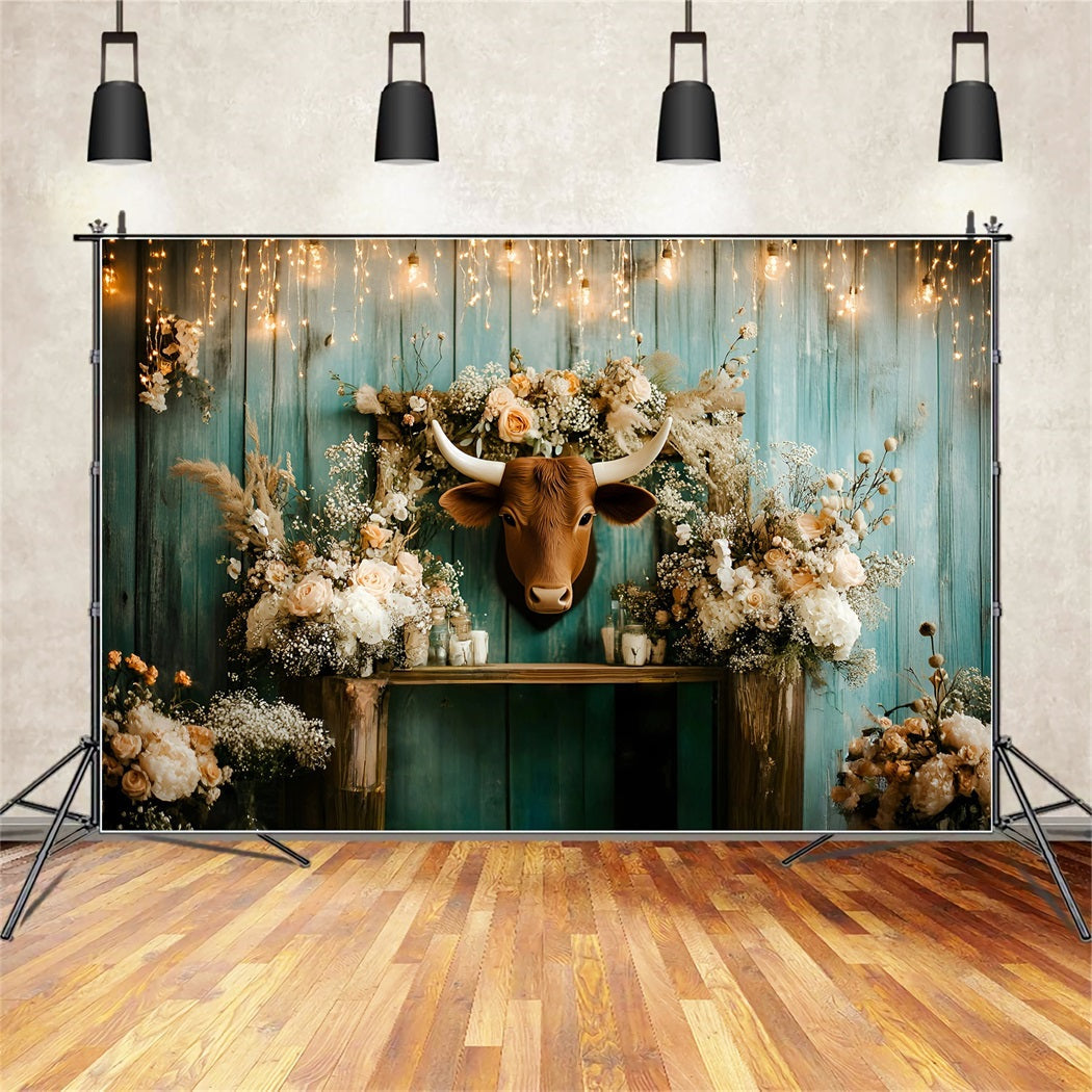 Rustic Backdrop Rustic Floral Longhorn Wall Arrangement Vintage Studio Backdrop UK GQ58-123