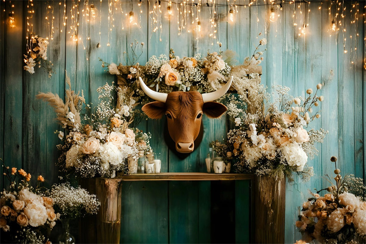 Rustic Backdrop Rustic Floral Longhorn Wall Arrangement Vintage Studio Backdrop UK GQ58-123
