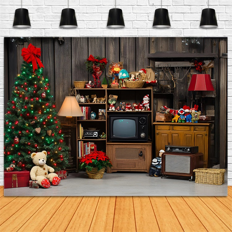 Rustic Backdrop Retro Christmas Tree with Vintage Toys Vintage Photoshoot Background UK GQ58-125