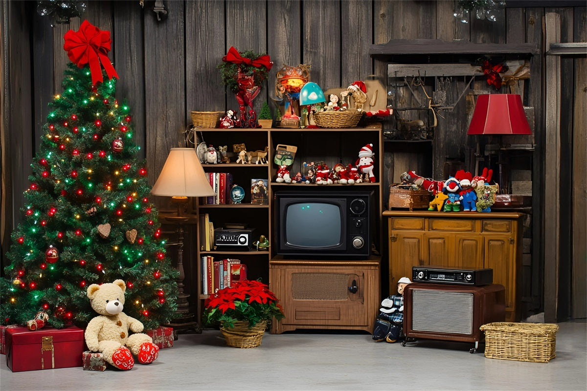 Rustic Backdrop Retro Christmas Tree with Vintage Toys Vintage Photoshoot Background UK GQ58-125