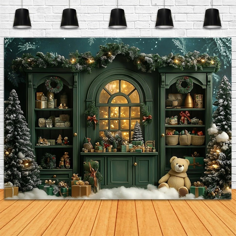 Christmas Backdrops Sale Vintage Green Shelf Cute Teddy Christmas Photo Backdrop UK GQ58-15