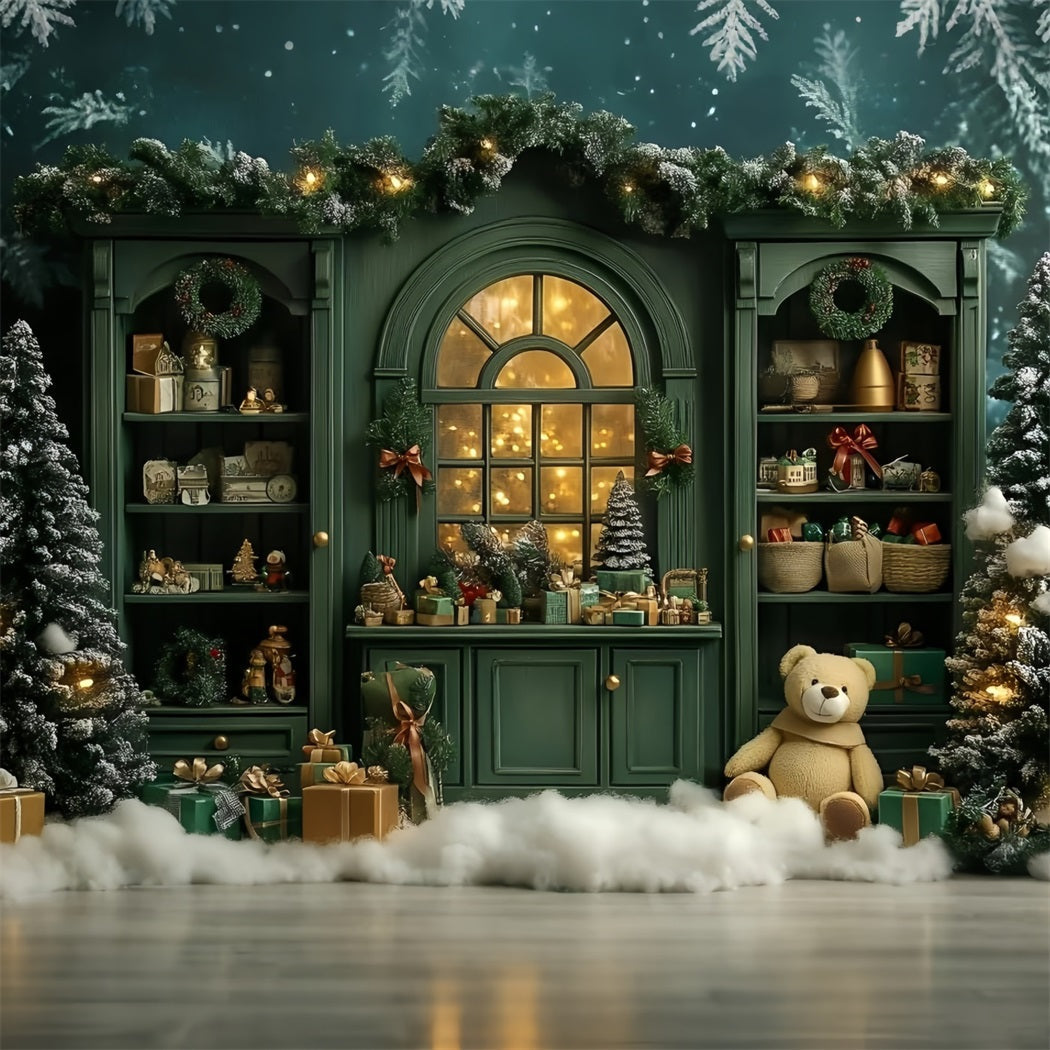 Christmas Backdrops Sale Vintage Green Shelf Cute Teddy Christmas Photo Backdrop UK GQ58-15