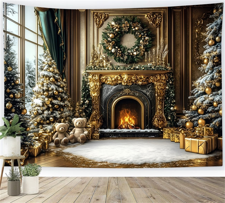 Christmas Fireplace Backdrop Luxury Gold Wall Bear Fireplace Christmas Backdrop for Photos UK GQ58-17