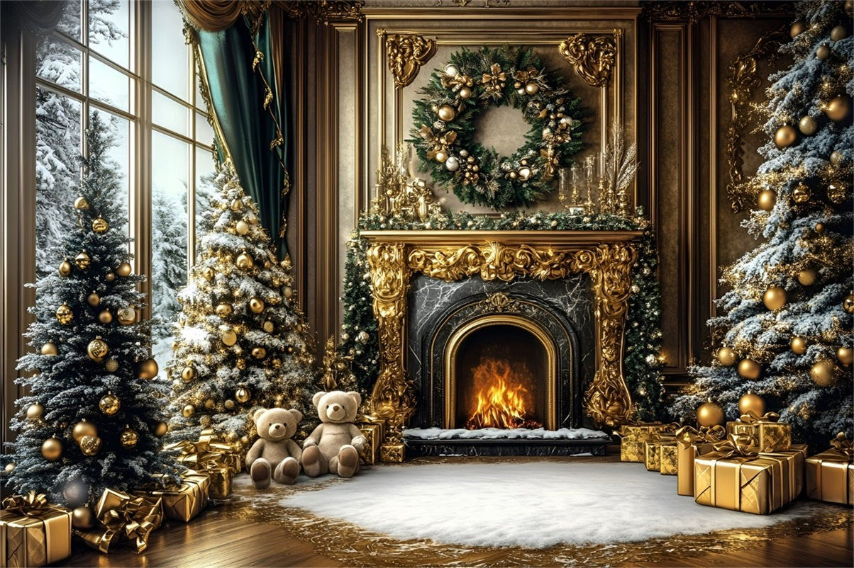 Christmas Fireplace Backdrop Luxury Gold Wall Bear Fireplace Christmas Backdrop for Photos UK GQ58-17
