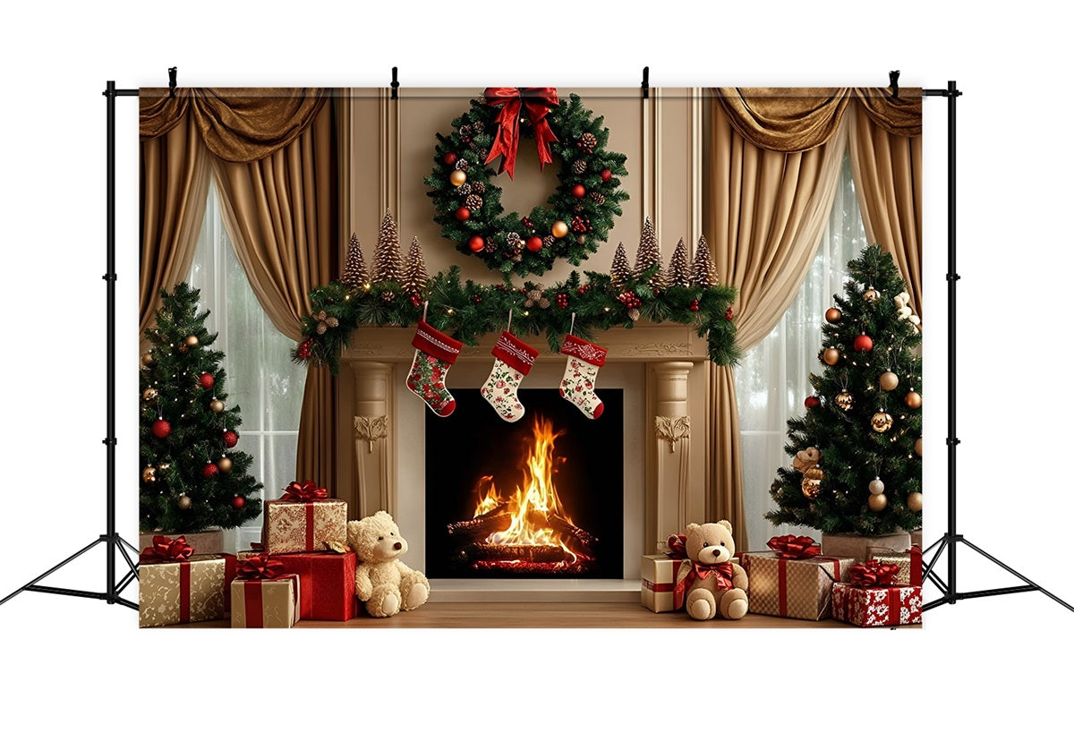 High Resolution Christmas Backdrop Fireplace Wreath Teddy Gift Display Christmas Photo Backdrops UK GQ58-29