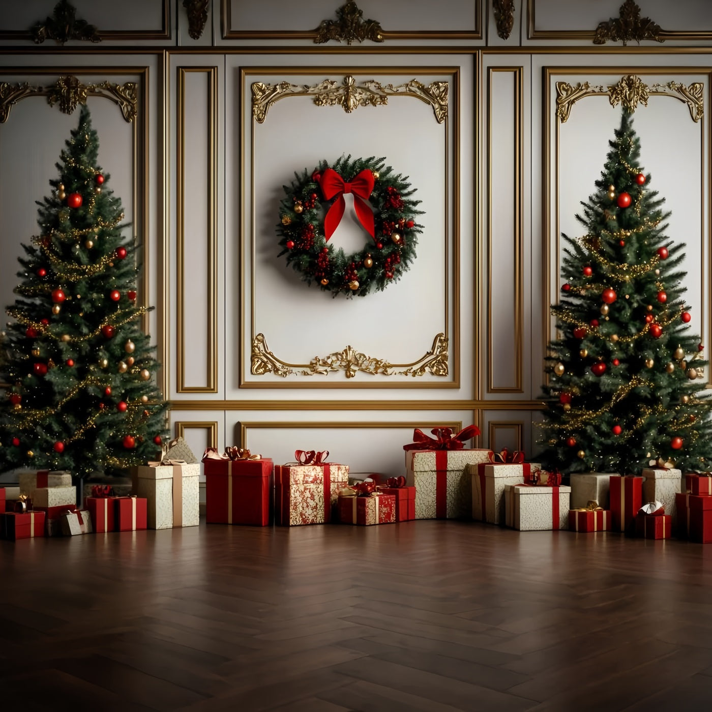 High Resolution Christmas Backdrop Classic Gold Red Trimmed Wall Christmas Photo Backdrops UK GQ58-30