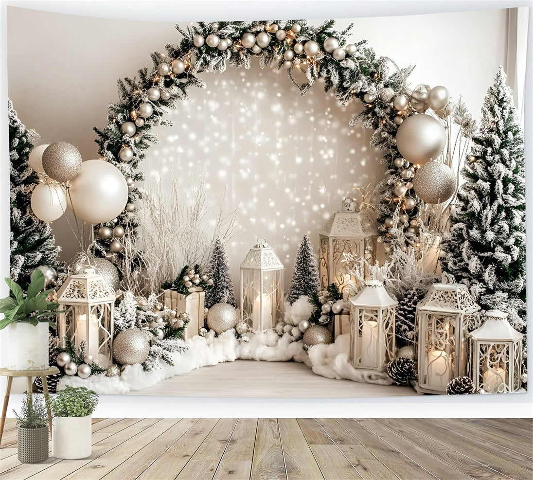 Holiday Photo Backdrop White Lantern Frosted Pine Garland Christmas Photography Backdrops UK GQ58-37